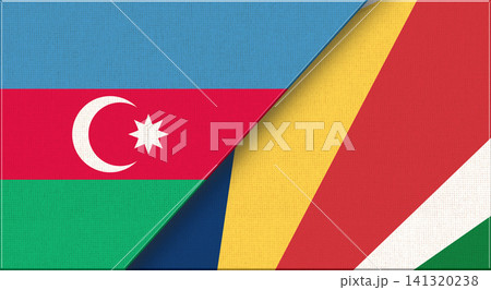 Double Flag of Azerbaijan and Seychelles on Fabric Texture. 3D illustration 141320238