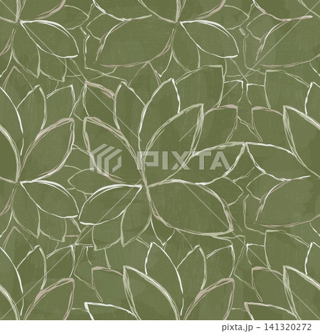Hand drawn leaves on green background. Abstract leaves seamless pattern 141320272