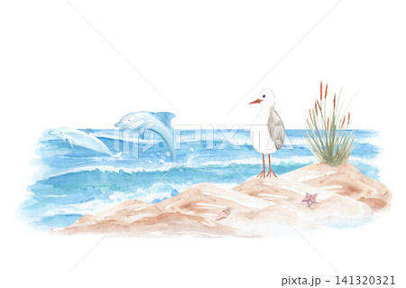 Hand painted watercolor beach scene with seagull on sandy dunes, dolphins swimming in the ocean, starfish, coastal grass. Summer seaside illustration copy space for invitations, branding, stationery Hand painted watercolor beach scene with seagull on sandy dunes, dolphins swimming in the ocean, starfish, coastal grass. Summer seaside illustration copy space for invitations, branding, stationery 141320321