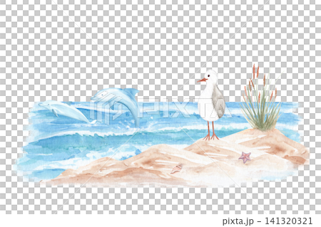 Hand painted watercolor beach scene with seagull on sandy dunes, dolphins swimming in the ocean, starfish, coastal grass. Summer seaside illustration copy space for invitations, branding, stationery Hand painted watercolor beach scene with seagull on sandy dunes, dolphins swimming in the ocean, starfish, coastal grass. Summer seaside illustration copy space for invitations, branding, stationery 141320321