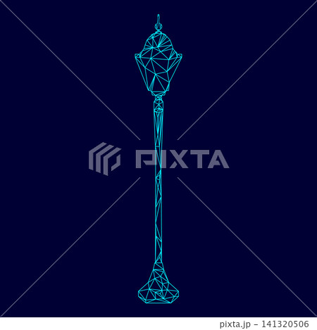 City street lantern low poly triangulation triangulated polygonal electric cyan blue vibrant aqua neon color outline contour line 141320506