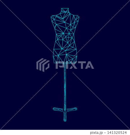 Fashion stand female torso mannequin low poly triangulation triangulated polygonal electric cyan blue vibrant aqua neon color outline contour line 141320524