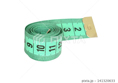 Closeup of green convolute measuring tape isolated on white background Closeup of green convolute measuring tape isolated on white background 141320633