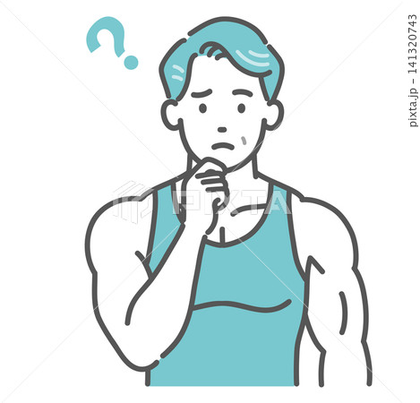筋肉質な中年男性が疑問を抱いて悩んでいるイラスト(ポーズ・ハテナ) 筋肉質な中年男性が疑問を抱いて悩んでいるイラスト(ポーズ・ハテナ) 141320743