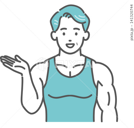 筋肉質な中年男性が笑顔で案内・紹介しているイラスト(解説・アドバイス) 筋肉質な中年男性が笑顔で案内・紹介しているイラスト(解説・アドバイス) 141320744
