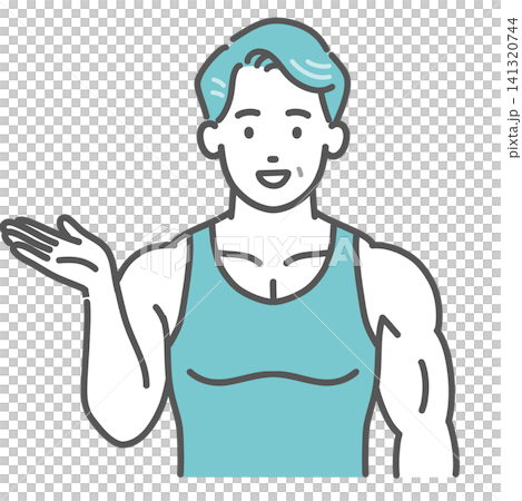 筋肉質な中年男性が笑顔で案内・紹介しているイラスト(解説・アドバイス) 筋肉質な中年男性が笑顔で案内・紹介しているイラスト(解説・アドバイス) 141320744