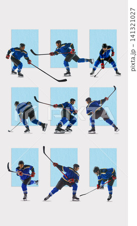 Ice hockey player collection in dynamic skating and stickhandling action poses isolated for sports design Ice hockey player collection in dynamic skating and stickhandling action poses isolated for sports design 141321027