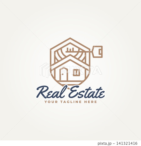 minimal home and key with shield badge line art icon logo template vector illustration design. simple modern Home buyer, real estate, Property developer logo concept minimal home and key with shield badge line art icon logo template vector illustration design. simple modern Home buyer, real estate, Property developer logo concept 141321416