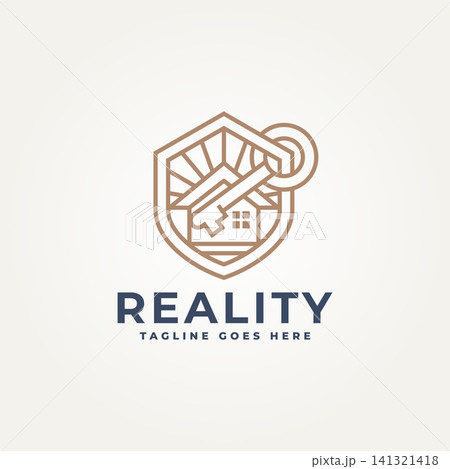 minimalist house key real estate with shield emblem line art icon logo template vector illustration design 141321418
