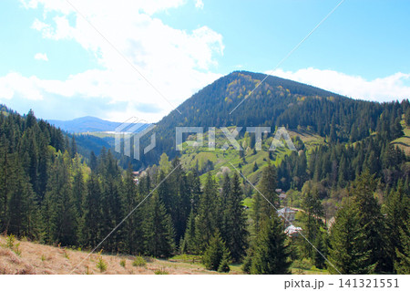 Beautiful mountain landscape with green pine forest and village in valley. Beautiful mountain landscape with green pine forest and village in valley. 141321551
