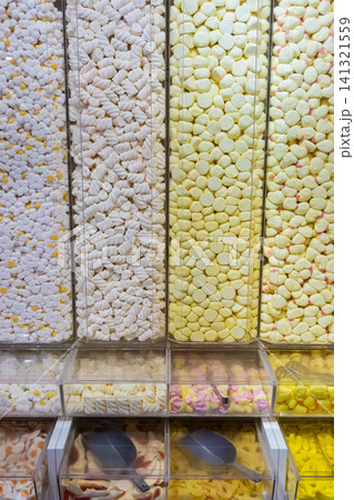 showcase of candy shop, transparent container with sweets, candy and marshmallow showcase of candy shop, transparent container with sweets, candy and marshmallow 141321559