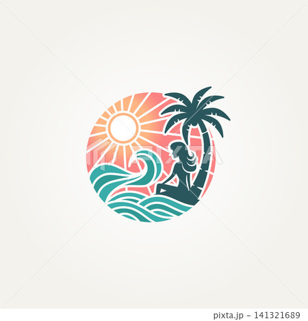 woman on the beach with waves and sun label logo vector illustration design. simple modern summer beach, travel vacation, paradise beach logo concept woman on the beach with waves and sun label logo vector illustration design. simple modern summer beach, travel vacation, paradise beach logo concept 141321689
