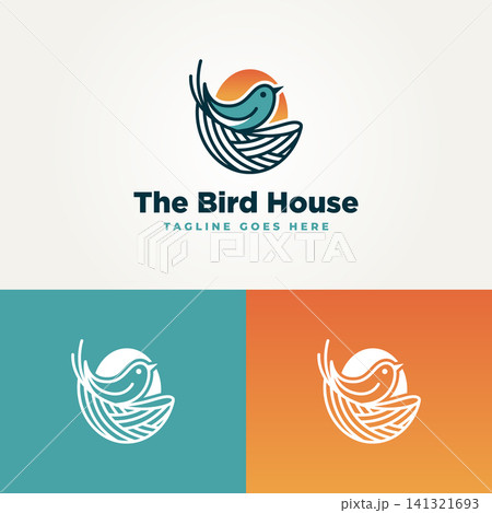 minimalist unique bird house with sun line art label logo vector illustration design. simple modern bird nest logo concept minimalist unique bird house with sun line art label logo vector illustration design. simple modern bird nest logo concept 141321693