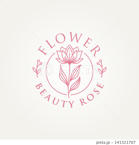 minimalist beauty rose flower and botanical leaf branch line art label logo badge vector illustration design. simple modern beauty salon, boutique, florist logo concept minimalist beauty rose flower and botanical leaf branch line art label logo badge vector illustration design. simple modern beauty salon, boutique, florist logo concept 141321787