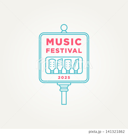 minimalist street sign music festival with music instruments line art icon logo vector illustration design. modern simple poster, t-shirt, music festival banner, cover logo concept minimalist street sign music festival with music instruments line art icon logo vector illustration design. modern simple poster, t-shirt, music festival banner, cover logo concept 141321862