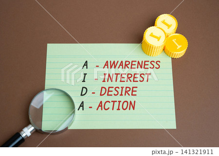 AIDA in business concept. Marketing model that describes the stages a customer goes through before making a purchase: Awareness, interest, desire, and action. 141321911