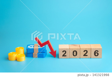 2026 year and down arrow. Declining business performance, falling profits, reduced demand, unfavorable investment conditions, economic slowdown, market uncertainty and recession risks 141321998