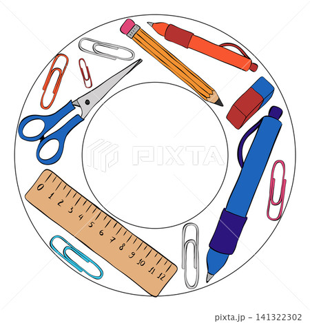 Back to school School student tools frame circle hand drawn illustration. Vector graphic line ink art template. Perfect for logo, branding, packaging, labels, and modern decor design. 141322302