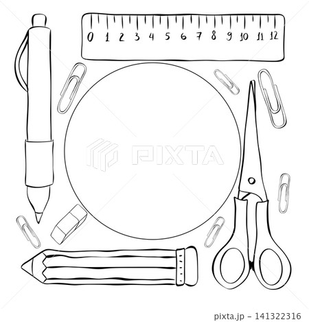 Colorful school themed School student tools Black and white frame circle square round hand drawn illustration. Vector graphic line ink art template. educational supplies. sale promotion, print Colorful school themed School student tools Black and white frame circle square round hand drawn illustration. Vector graphic line ink art template. educational supplies. sale promotion, print 141322316