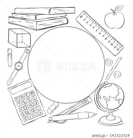 educational supplies and tools School student frame circle square round Black and white hand drawn illustration. Vector graphic line ink art template. Perfect for prints, cards and education themes. 141322324