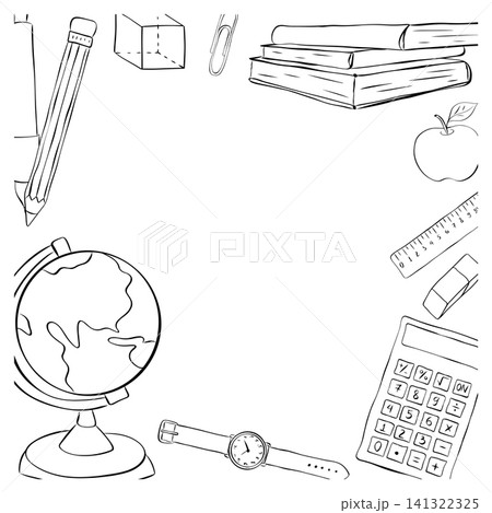 educational supplies and tools School student frame square Black and white hand drawn illustration. Vector graphic line ink art template. Perfect for logo, branding, packaging, labels educational supplies and tools School student frame square Black and white hand drawn illustration. Vector graphic line ink art template. Perfect for logo, branding, packaging, labels 141322325