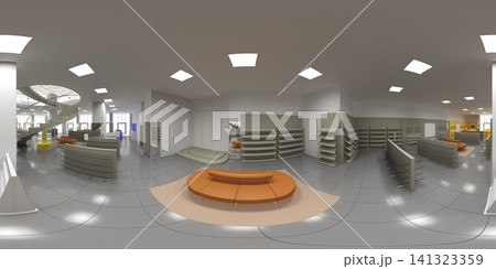 spherical panoramic render of the store, interior visualization, 3D illustration 141323359