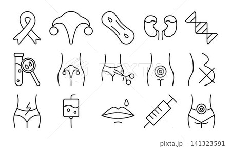 Ovarian cancer black line icon set, vector signs. Symptoms, diagnostics, treatment, consequences. Outline monochrome isolated symbols. Various linear pictograms Ovarian cancer black line icon set, vector signs. Symptoms, diagnostics, treatment, consequences. Outline monochrome isolated symbols. Various linear pictograms 141323591