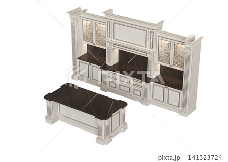 modern kitchen isolated on transparent background, home furniture, 3D illustration, cg render 141323724