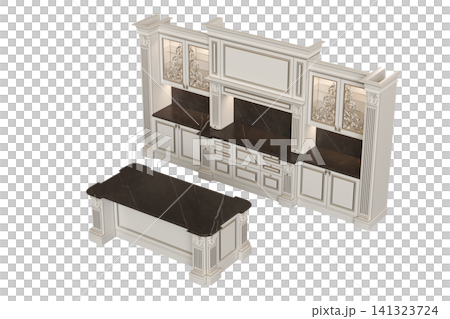 modern kitchen isolated on transparent background, home furniture, 3D illustration, cg render 141323724