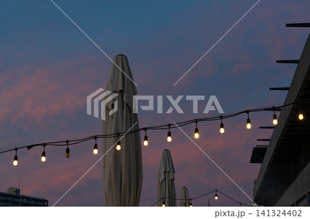 ピンク色の夕空に包まれた都市の夕景 ピンク色の夕空に包まれた都市の夕景 141324402