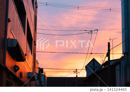 ピンク色の夕空に包まれた都市の夕景 ピンク色の夕空に包まれた都市の夕景 141324405