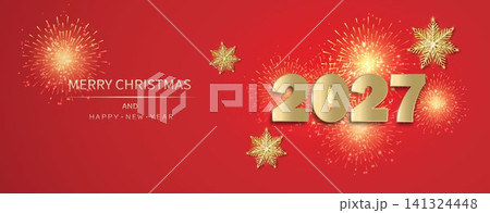 New Year's background with golden inscription 2027, snowflakes and fireworks on a red background. 141324448