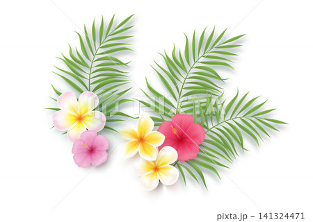 Composition of tropical flowers and palm leaves on a white background. Composition of tropical flowers and palm leaves on a white background. 141324471