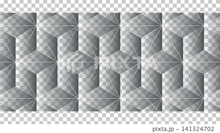 Hexagonal faceted 3D cube pattern, silver-gray gradient with white lines | Transparent background Hexagonal faceted 3D cube pattern, silver-gray gradient with white lines | Transparent background 141324702