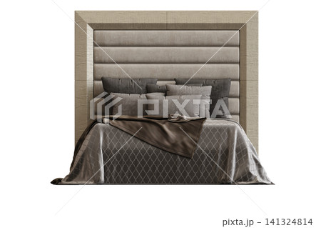 double bed isolated on a transparent background, furniture for the bedroom interior, 3D illustration, cg render 141324814