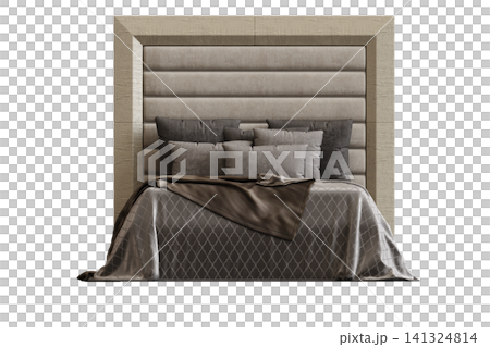 double bed isolated on a transparent background, furniture for the bedroom interior, 3D illustration, cg render 141324814
