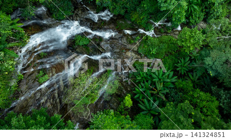 Aerial view of deep tropical rainforest with waterfall surrounded by lush tropical forest and towering cliffs streams of water into deep canyon, Lush green trees in forest with natural stream. Aerial view of deep tropical rainforest with waterfall surrounded by lush tropical forest and towering cliffs streams of water into deep canyon, Lush green trees in forest with natural stream. 141324851