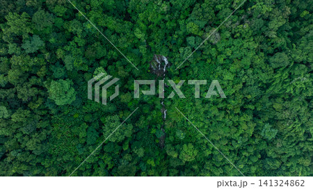 Aerial view of deep tropical rainforest with waterfall surrounded by lush tropical forest and towering cliffs streams of water into deep canyon, Lush green trees in forest with natural stream. Aerial view of deep tropical rainforest with waterfall surrounded by lush tropical forest and towering cliffs streams of water into deep canyon, Lush green trees in forest with natural stream. 141324862