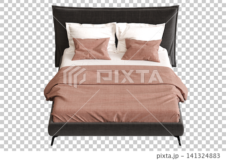 double bed isolated on a transparent background, furniture for the bedroom interior, 3D illustration, cg render 141324883