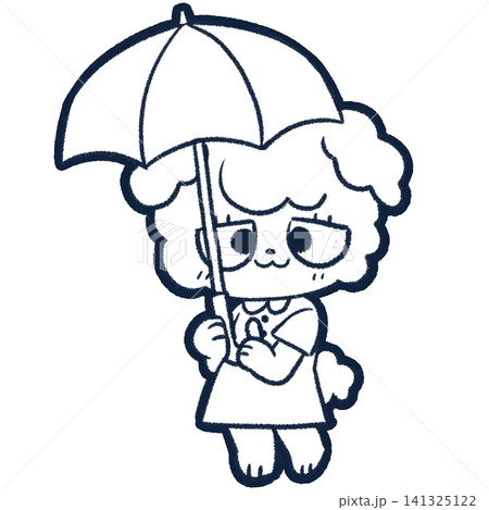 傘を差しているトイプードルの線画ラスターイラスト 141325122