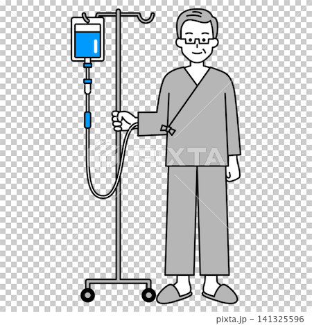 点滴スタンドを持つ年配の男性患者(全身) 点滴スタンドを持つ年配の男性患者(全身) 141325596