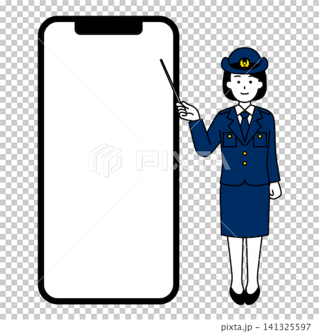 一名女警官正在講解如何使用螢幕空白的大尺寸智慧型手機和指示棒。 一名女警官正在講解如何使用螢幕空白的大尺寸智慧型手機和指示棒。 141325597