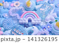 沢山の水色のデコパーツ　虹　おしゃれでかわいい背景写真　壁紙　デコレーション 141326195