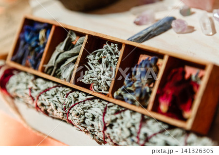 set of dried herbs delphinium, sage, wormwood, lavender, rose. Wormwood wand 141326305