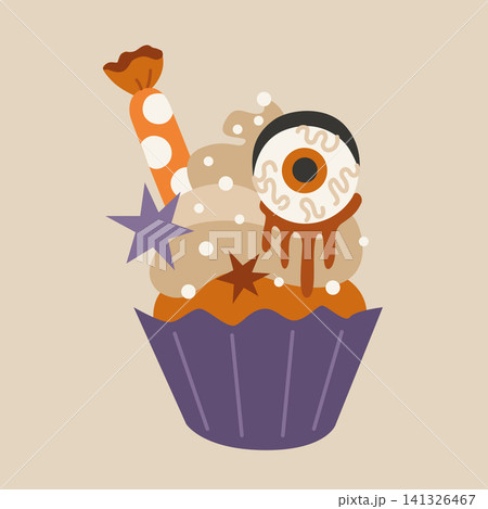 Hand-drawn Halloween spooky cupcake with bloody eyeball and candy for seasonal party decor, cards or packaging Hand-drawn Halloween spooky cupcake with bloody eyeball and candy for seasonal party decor, cards or packaging 141326467
