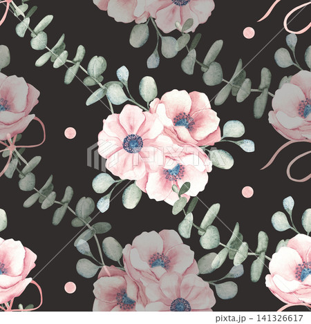 Watercolor seamless pattern with soft pink anemone flowers and eucalyptus leaves on a dark black background. Ideal for feminine designs, textiles and packaging. Watercolor seamless pattern with soft pink anemone flowers and eucalyptus leaves on a dark black background. Ideal for feminine designs, textiles and packaging. 141326617