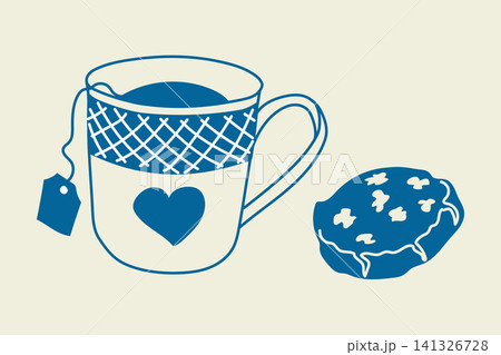 Blue illustration of a tea cup with a heart design and a cookie on a light background, showcasing a cozy beverage and snack pairing for relaxation Blue illustration of a tea cup with a heart design and a cookie on a light background, showcasing a cozy beverage and snack pairing for relaxation 141326728