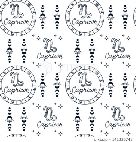 Capricorn zodiac sign illustration with astrological symbols and stars, featuring the word Capricorn in a seamless repeating pattern on a white background Capricorn zodiac sign illustration with astrological symbols and stars, featuring the word Capricorn in a seamless repeating pattern on a white background 141326745