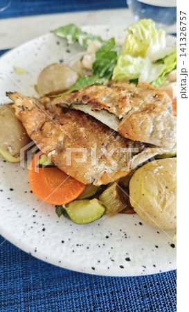 Grilled fish fillet served on a white plate with assorted vegetables including carrots, zucchini, and potatoes alongside a fresh green salad Grilled fish fillet served on a white plate with assorted vegetables including carrots, zucchini, and potatoes alongside a fresh green salad 141326757