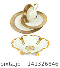 Vintage Porcelain Tea Cup Set with Gold Ornament Accent Antique Ceramic Saucers and Standing Footed Bowl Isolated on White 141326846